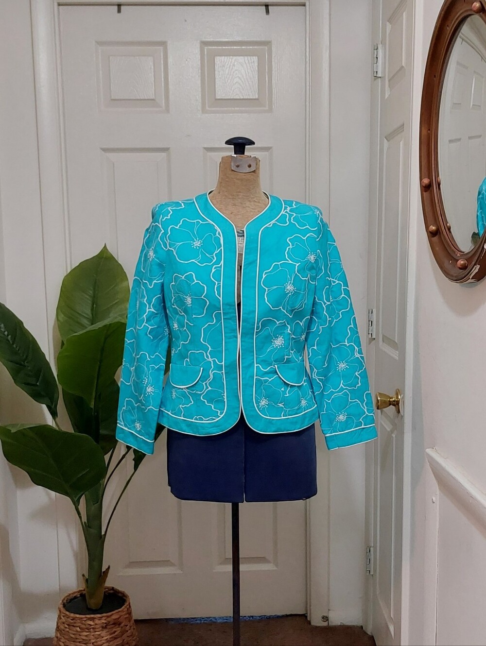 RAFAEL Turquoise Floral Quilted Blazer with White Piping